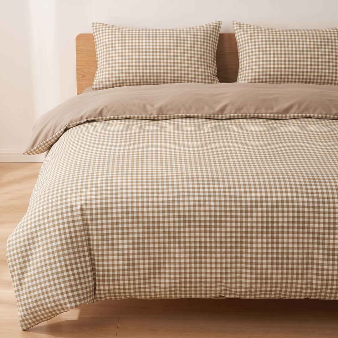 Cotton Duvet Cover Set in Beige Gingham