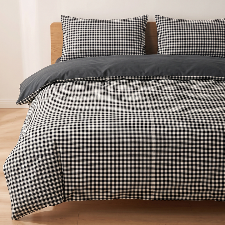Cotton Duvet Cover Set in Black Gingham