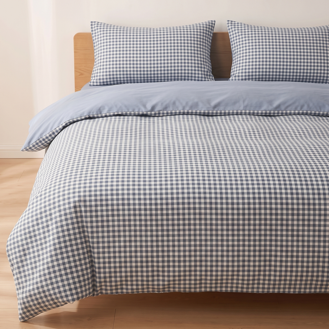 Cotton Duvet Cover Set in Blue Gingham