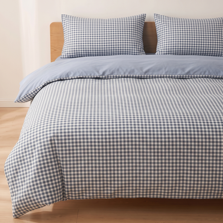 Cotton Duvet Cover Set in Blue Gingham