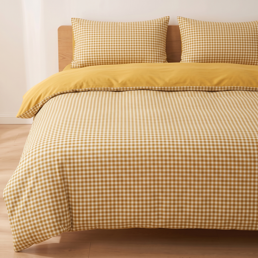 Cotton Duvet Cover Set in Mustard Gingham