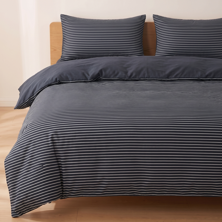 Cotton Duvet Cover Set in Navy Stripe