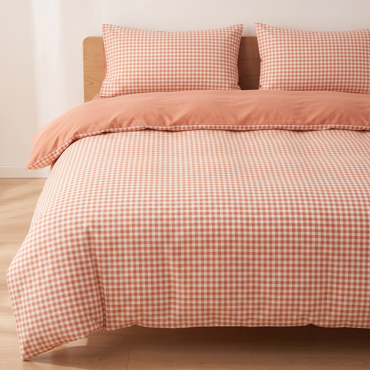 Cotton Duvet Cover Set in Peach Gingham