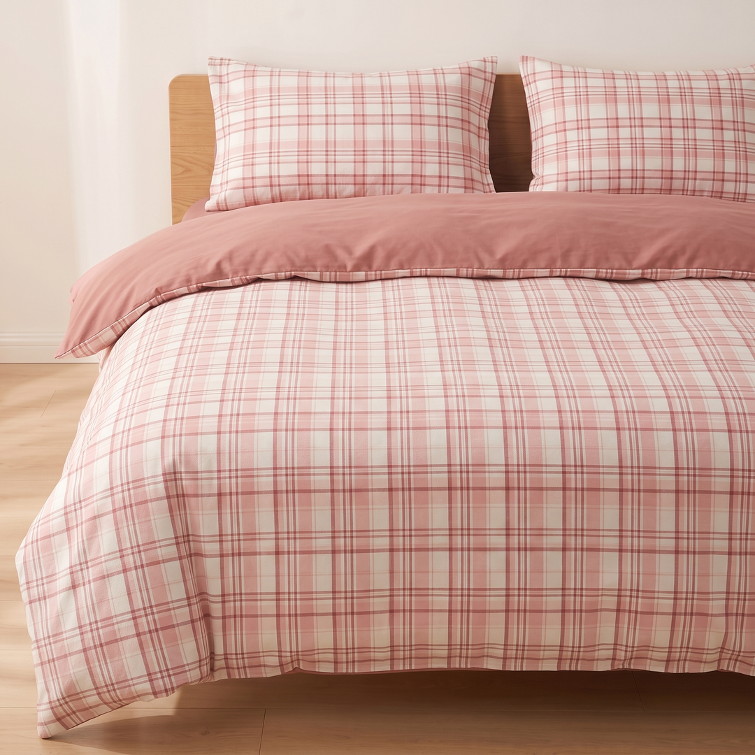 Cotton Duvet Cover Set in Pink Plaid