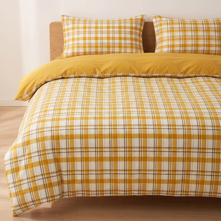 Cotton Duvet Cover Set in Yellow Plaid