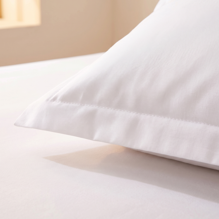 Cotton Fitted Sheet Set with 2 Pillowcases in White – close-up of a pillowcase corner with stitched flange border