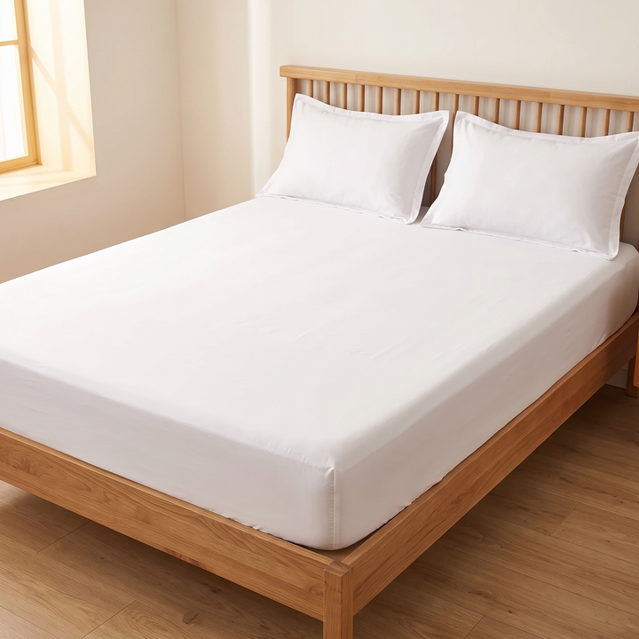 Cotton Fitted Sheet Set with 2 Pillowcases in White – fitted on a wooden bed frame in a sunlit bedroom