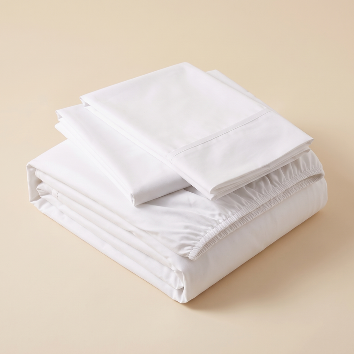 Cotton Fitted Sheet Set with 2 Pillowcases in White – folded stack with two pillowcases on top, on a plain peach background