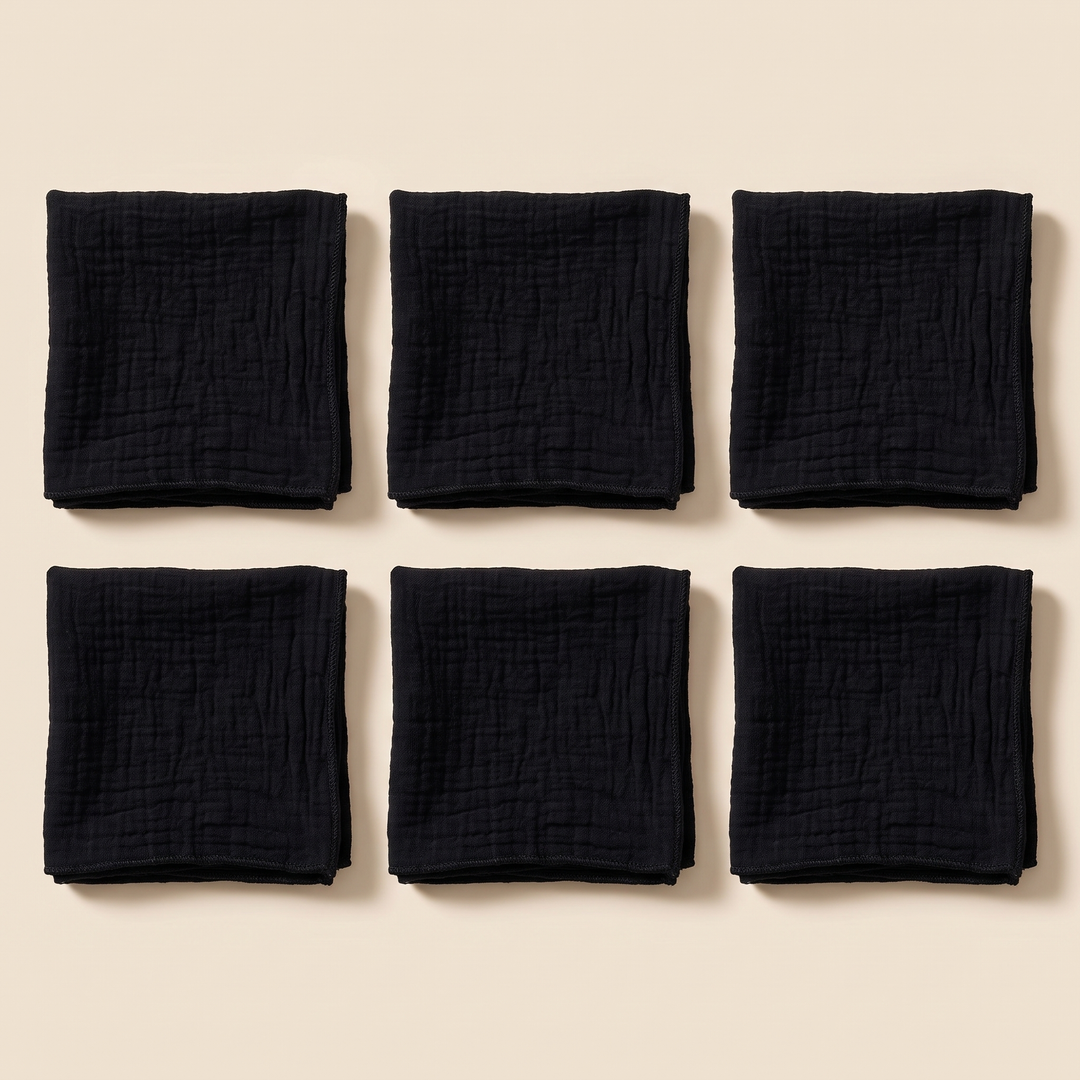 Cotton Gauze Napkins – Set of 6 in Black – overhead flat lay in a evenly spaced three by two grid