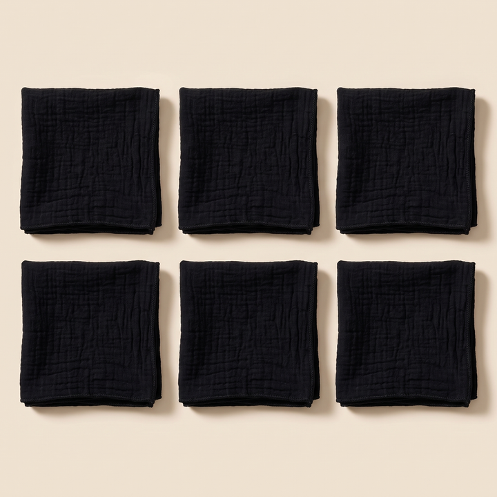 Cotton Gauze Napkins – Set of 6 in Black – overhead flat lay in a evenly spaced three by two grid