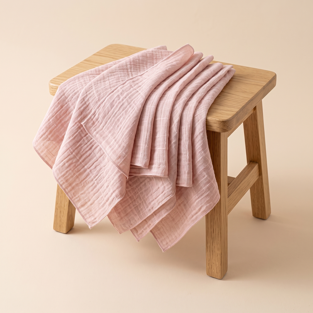 Cotton Gauze Napkins – Set of 6 in Light Pink – draped over a light wooden stool against a peach backdrop