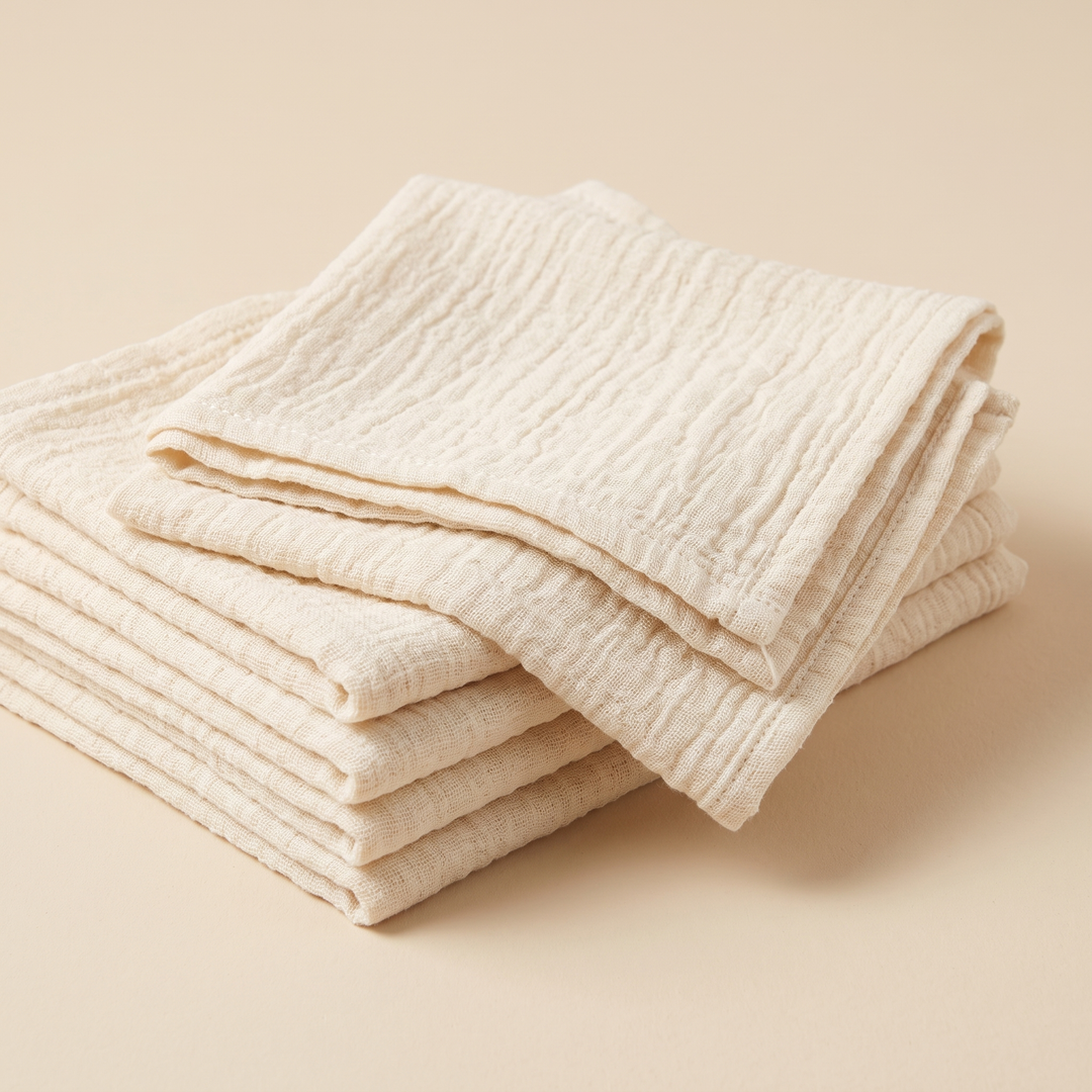 Cotton Gauze Napkins – Set of 6 in Cream – stack of folded napkins with top one set at an angle