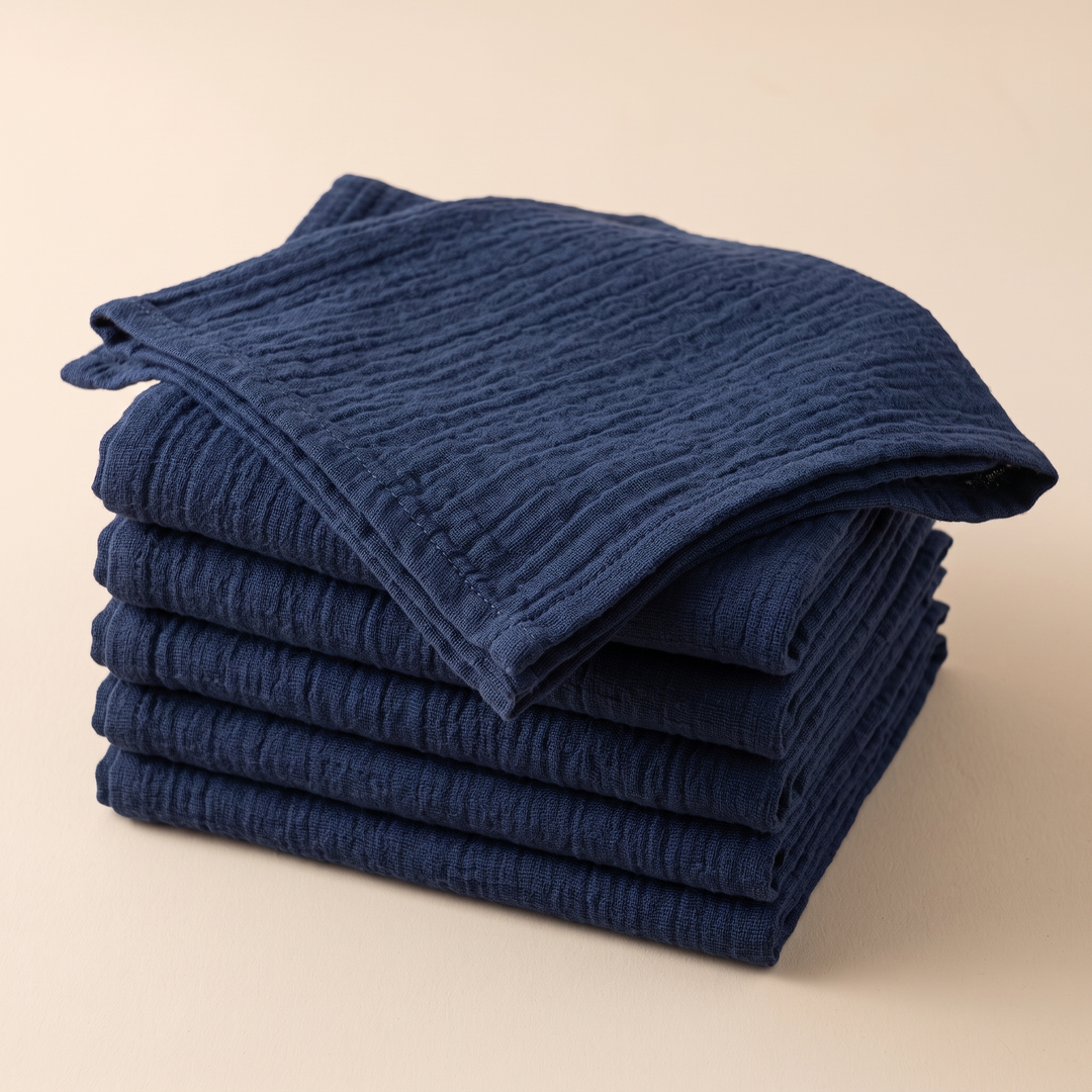 Cotton Gauze Napkins – Set of 6 in Navy Blue – tidy pile seen from the side showing layered folds