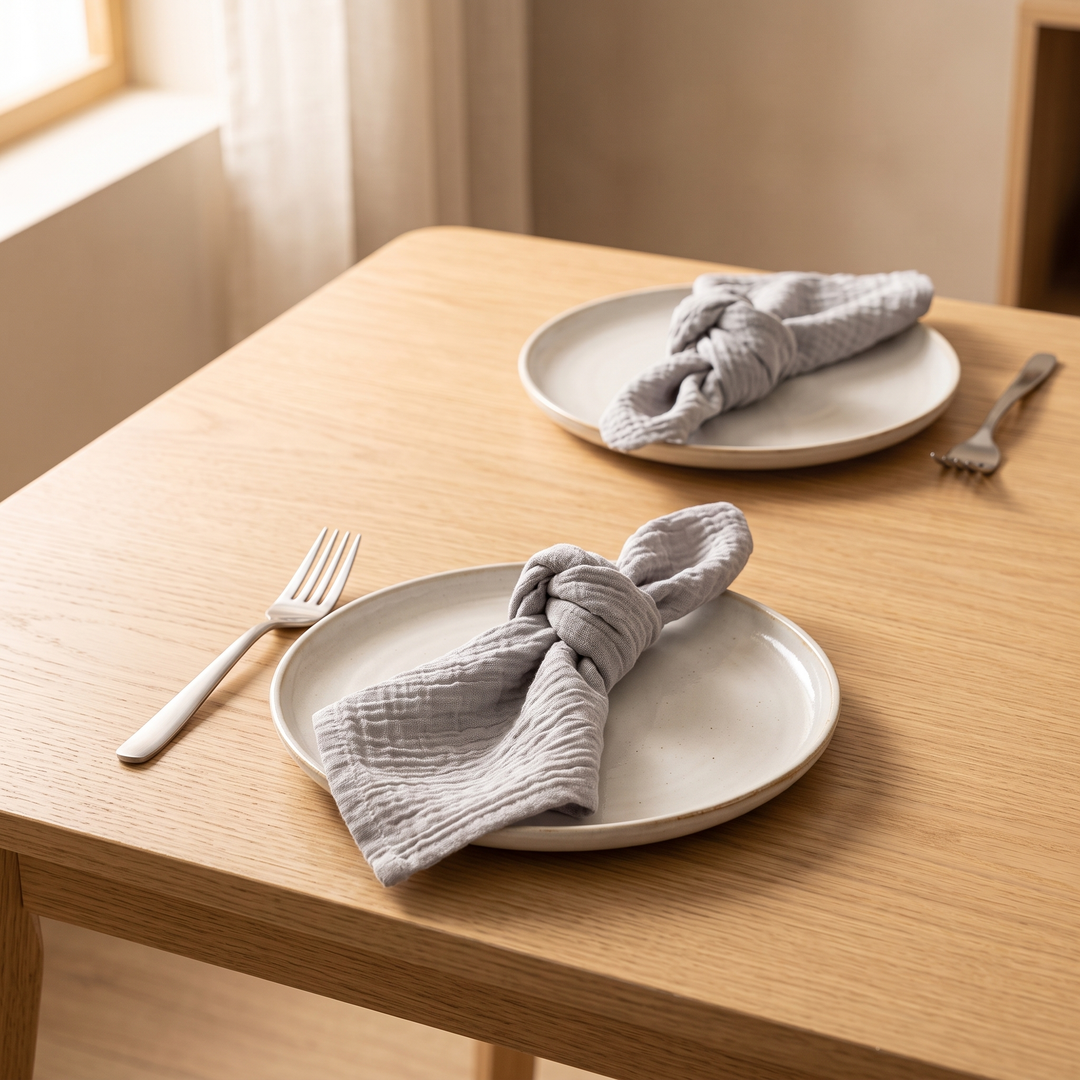 Cotton Gauze Napkins – Set of 6 in Gray – knotted on two ceramic plates on an oak dining table