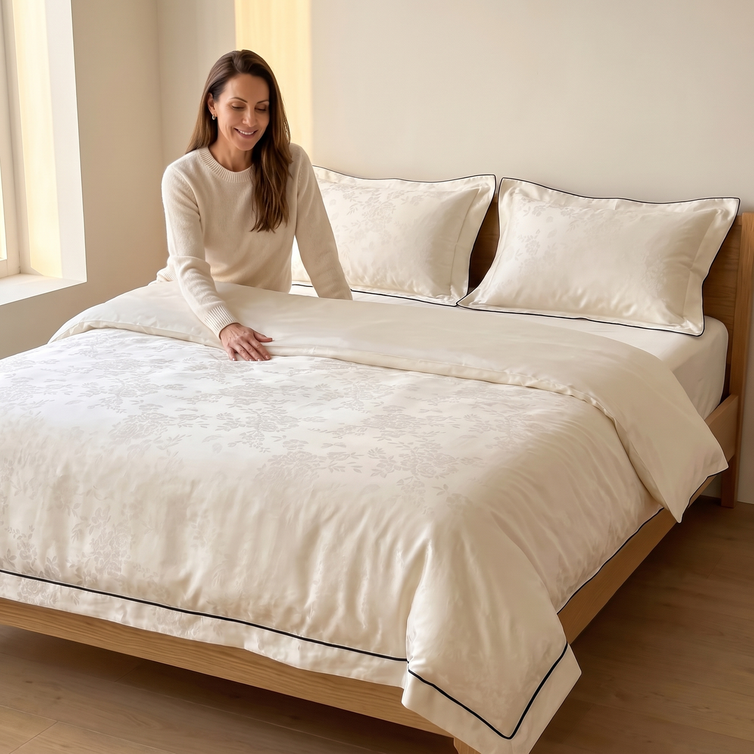 Cotton Jacquard Bedding Set in Cream Piped Floral – woman smoothing the duvet cover with one hand