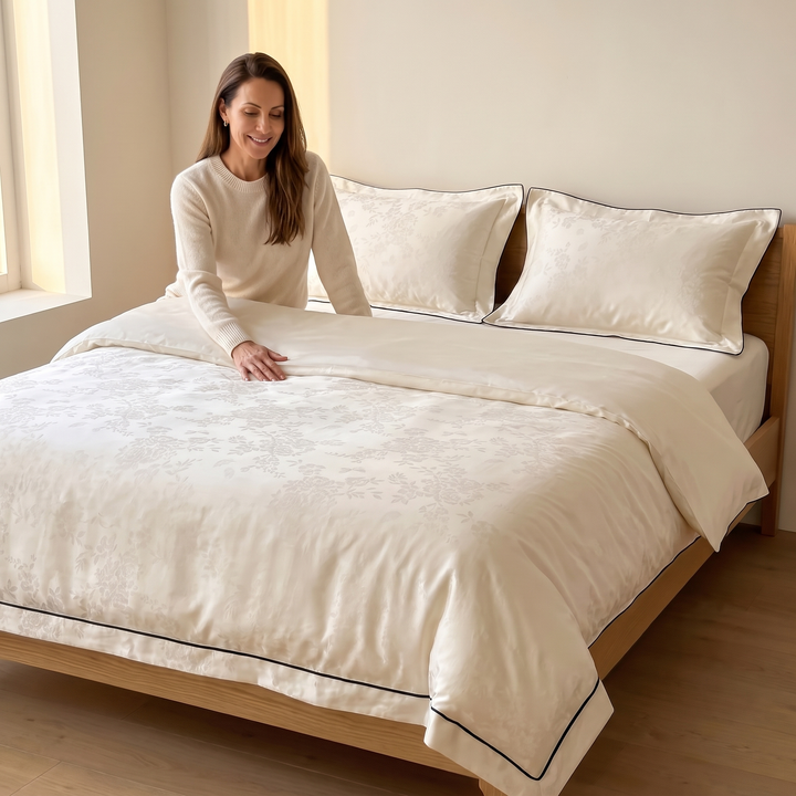 Cotton Jacquard Bedding Set in Cream Piped Floral – woman smoothing the duvet cover with one hand