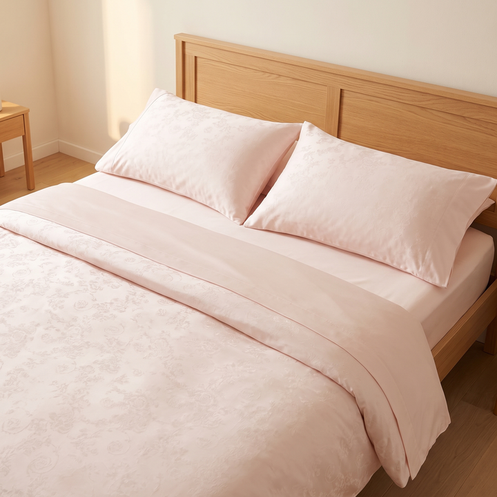 Cotton Jacquard Bedding Set in Blush Pink Floral – elevated bed-side view with plain sheet turned over patterned duvet edge