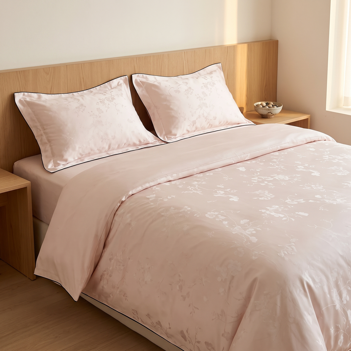 Cotton Jacquard Bedding Set in Blush Pink Piped Blossom – made bed with a bowl of pebbles on the nightstand