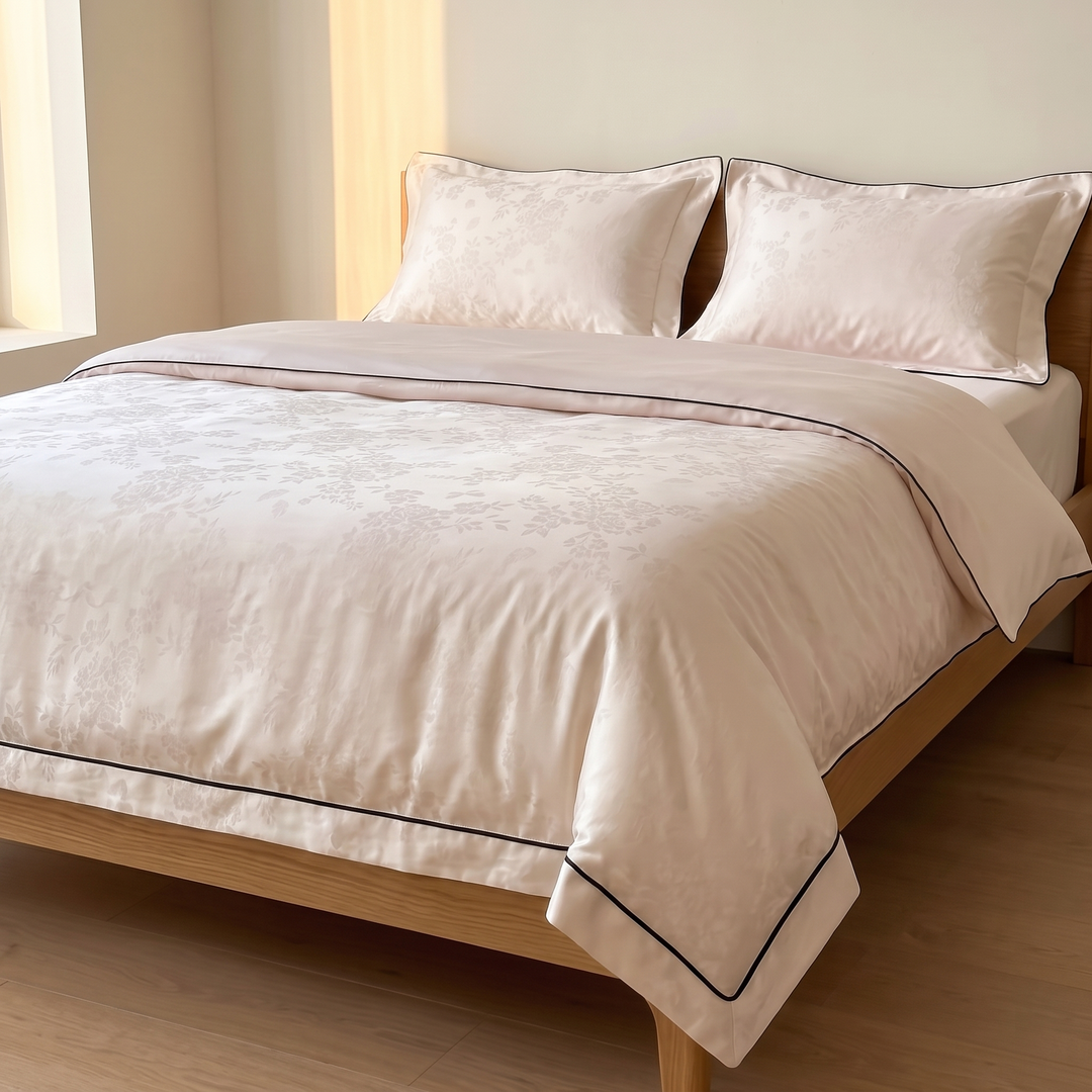 Cotton Jacquard Bedding Set in Blush Pink Piped Floral – piped duvet hem corner hanging over oak bed frame