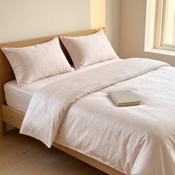 Cotton Jacquard Bedding Set in Blush Pink Tulip – closed book resting on the duvet beside a sunlit window