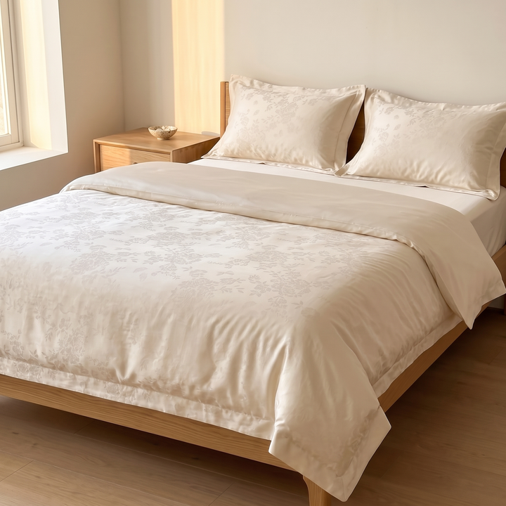 Cotton Jacquard Bedding Set in Champagne Floral – three-quarter view beside a wooden nightstand and window