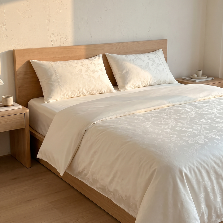 Cotton Jacquard Bedding Set in Cream Butterfly – on oak bed between nightstands against a textured plaster wall