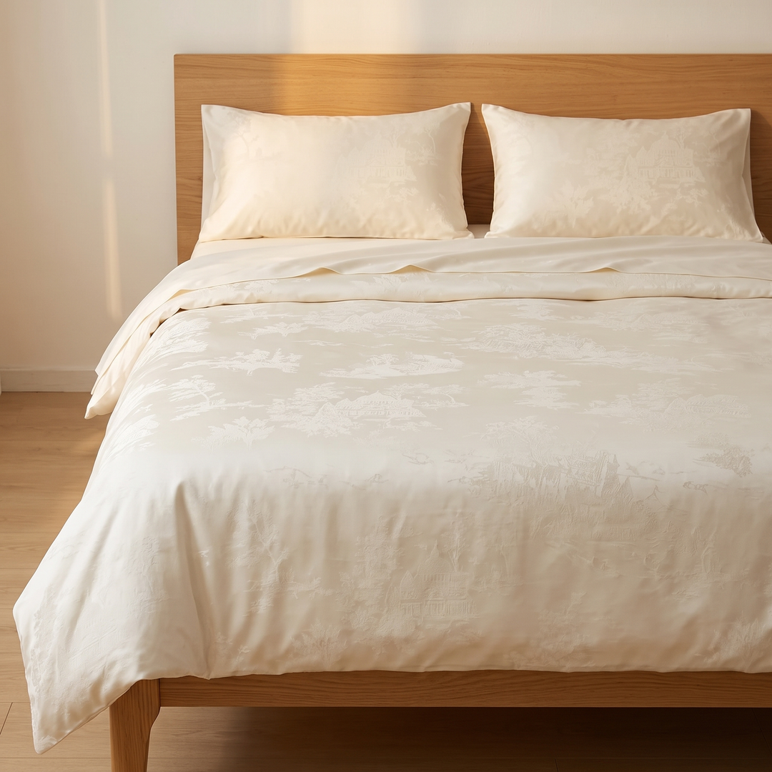 Cotton Jacquard Bedding Set in Cream Toile – high-angle view from the foot of an oak bed
