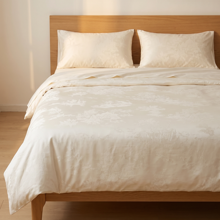 Cotton Jacquard Bedding Set in Cream Toile – high-angle view from the foot of an oak bed