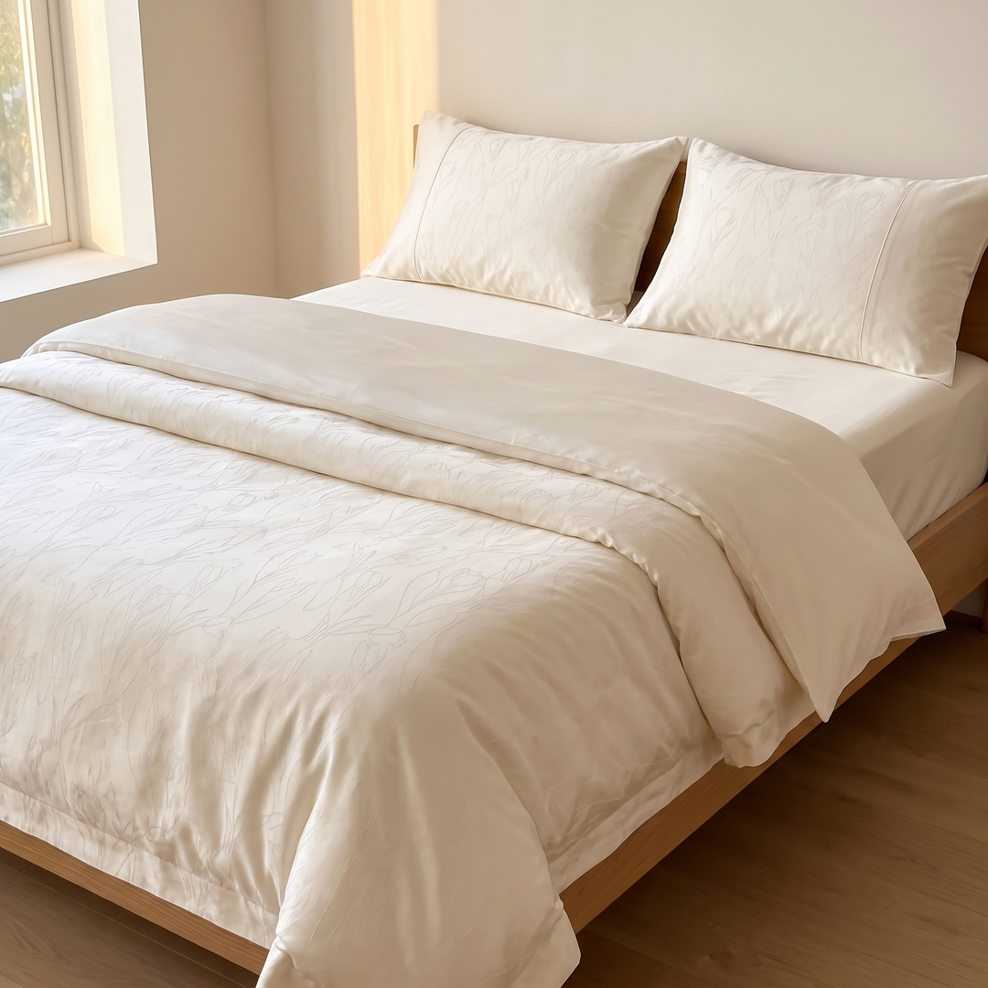 Cotton Jacquard Bedding Set in Cream Tulip – angled view of duvet folded back beneath two pillows