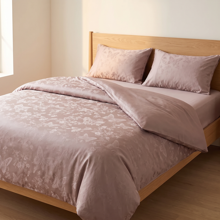 Cotton Jacquard Bedding Set in Mauve Butterfly – low side angle across patterned duvet cover and plain reverse