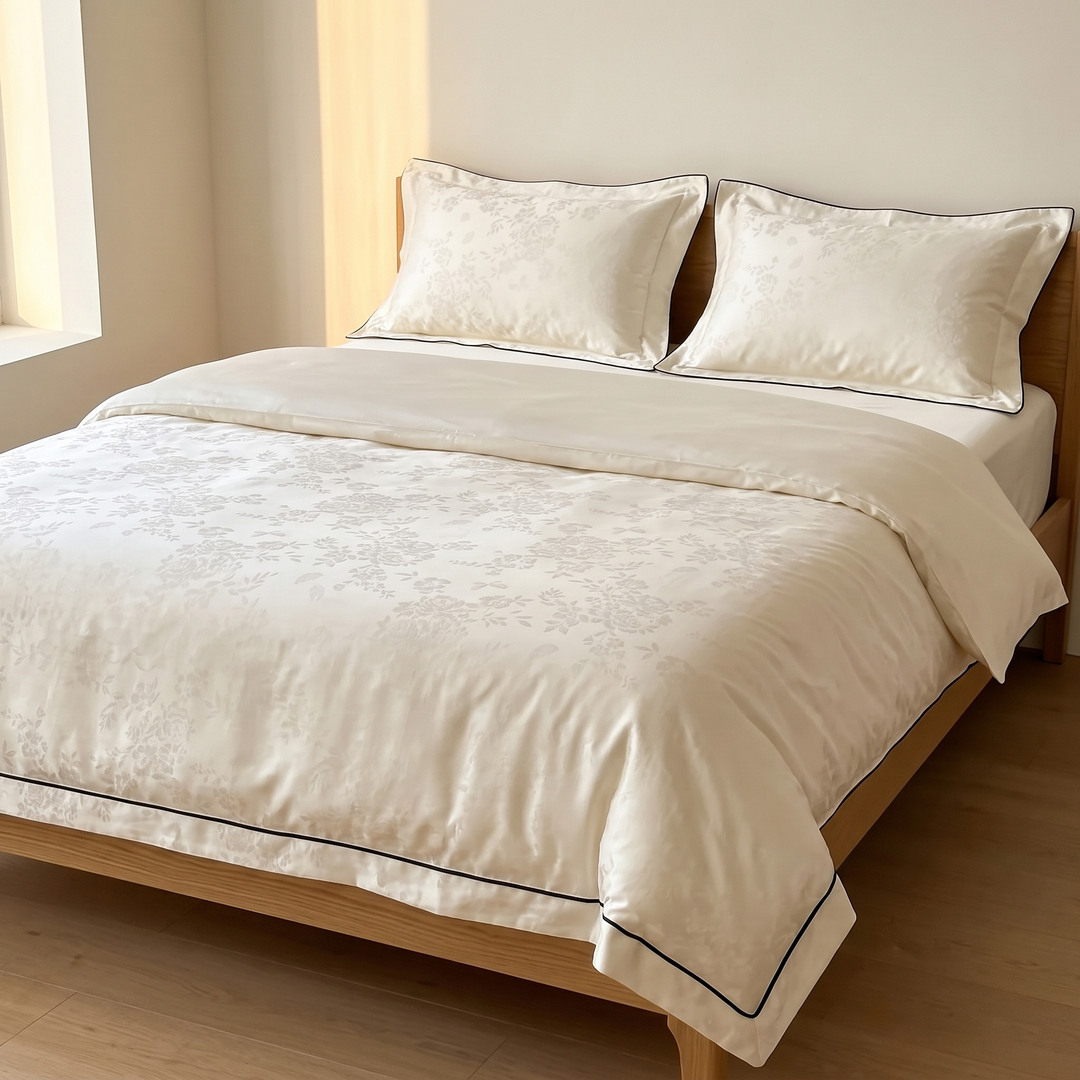 Cotton Jacquard Bedding Set in Cream Piped Floral – on a made bed with wooden frame in sunlit bedroom