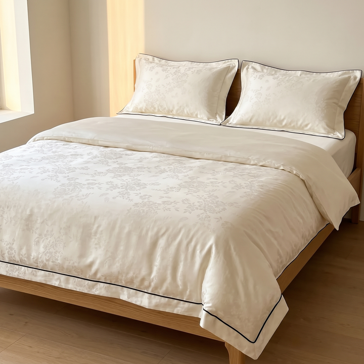 Cotton Jacquard Bedding Set in Cream Piped Floral – on a made bed with wooden frame in sunlit bedroom