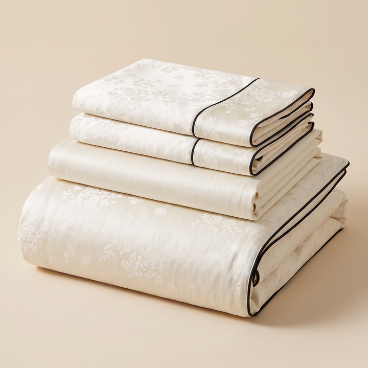 Cotton Jacquard Bedding Set in Cream Piped Floral – folded stack of sheets and pillowcases on a plain beige background
