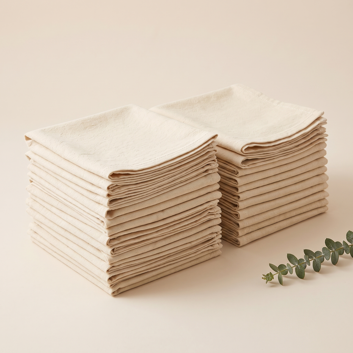 Cotton Cloth Napkins – Set of 24 in Cream – two stacks of folded napkins beside a eucalyptus sprig on a plain backdrop