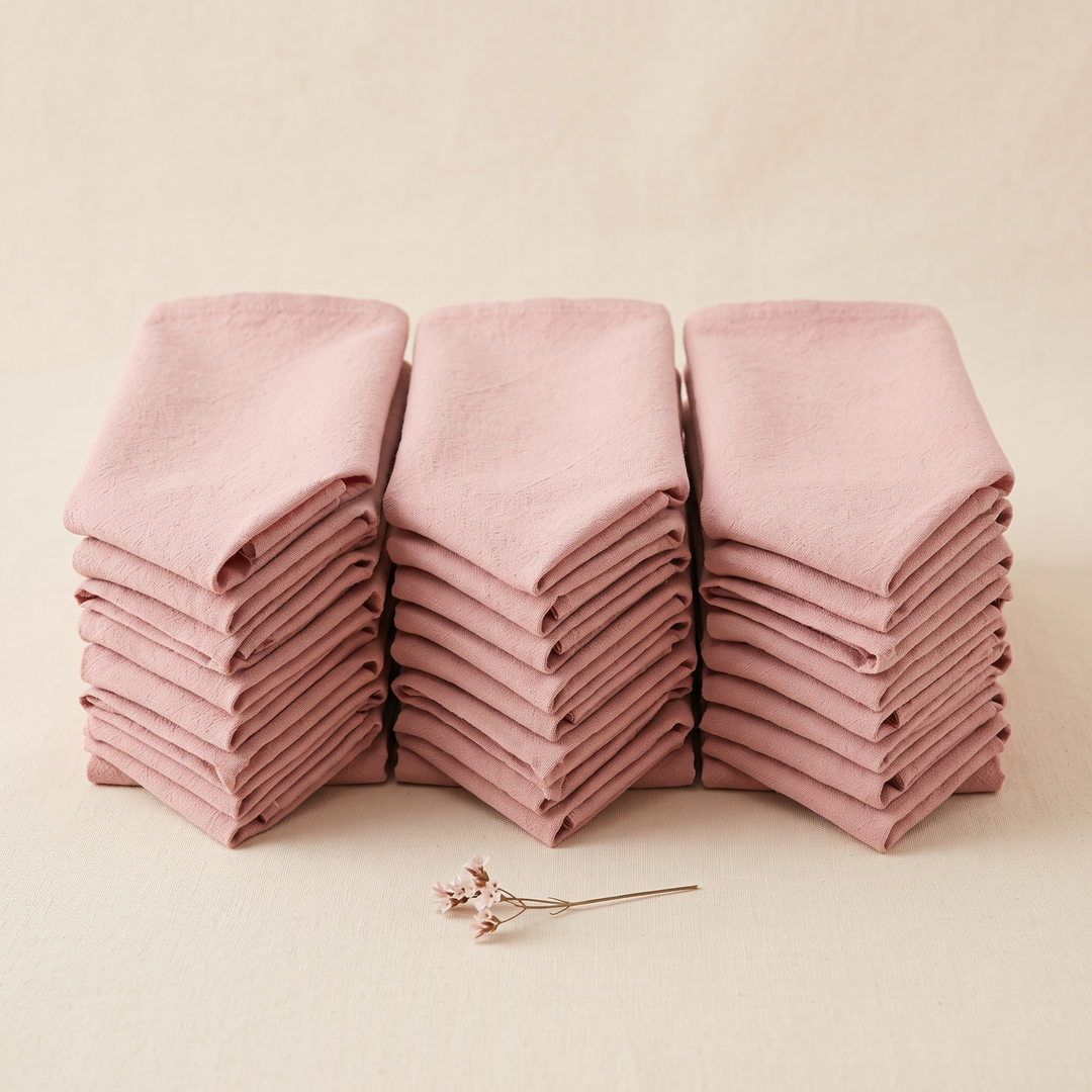 Cotton Cloth Napkins – Set of 24 in Dusty Pink – three folded stacks with dried flower sprig in front