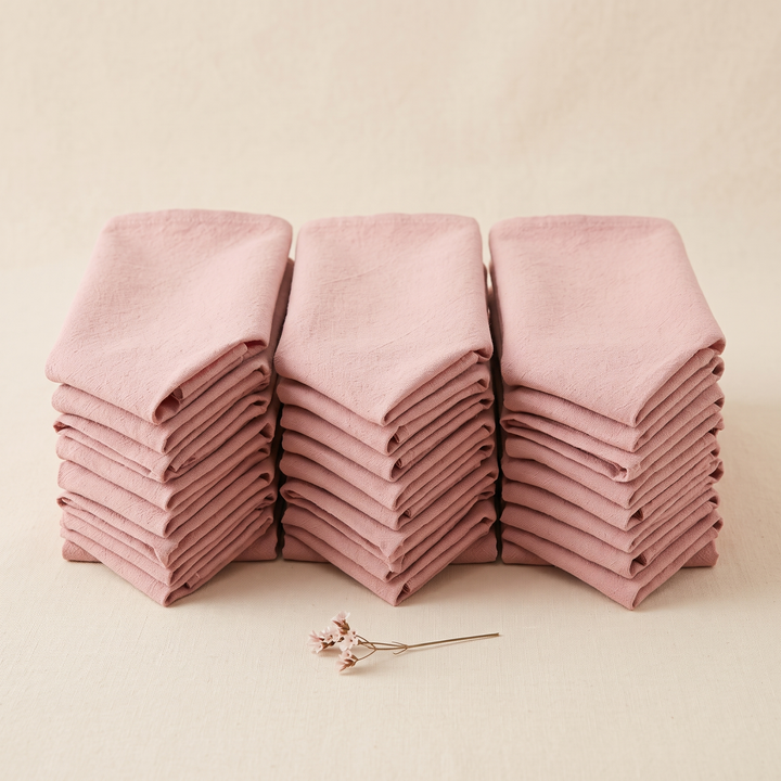 Cotton Cloth Napkins – Set of 24 in Dusty Pink – three folded stacks with dried flower sprig in front