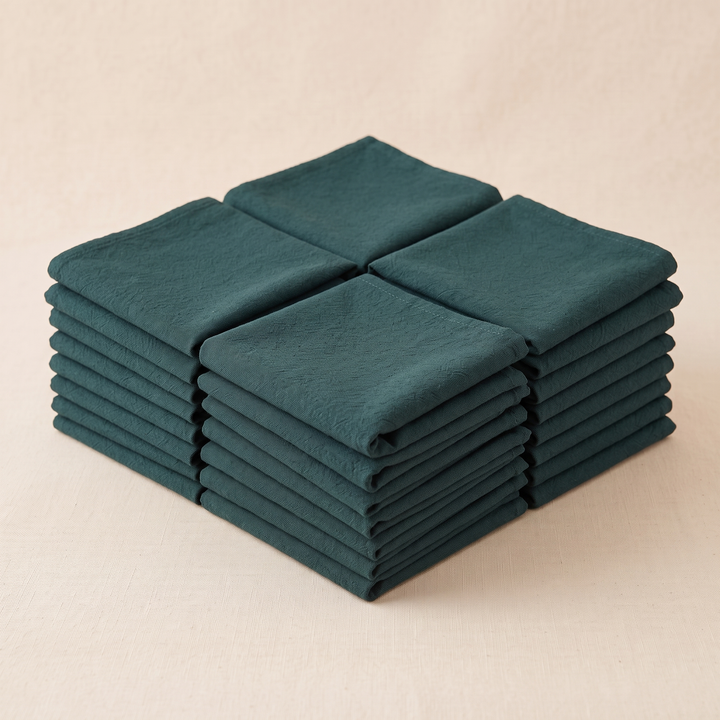 Cotton Cloth Napkins – Set of 24 in Hunter Green – four stacks pushed together in a square, high angle