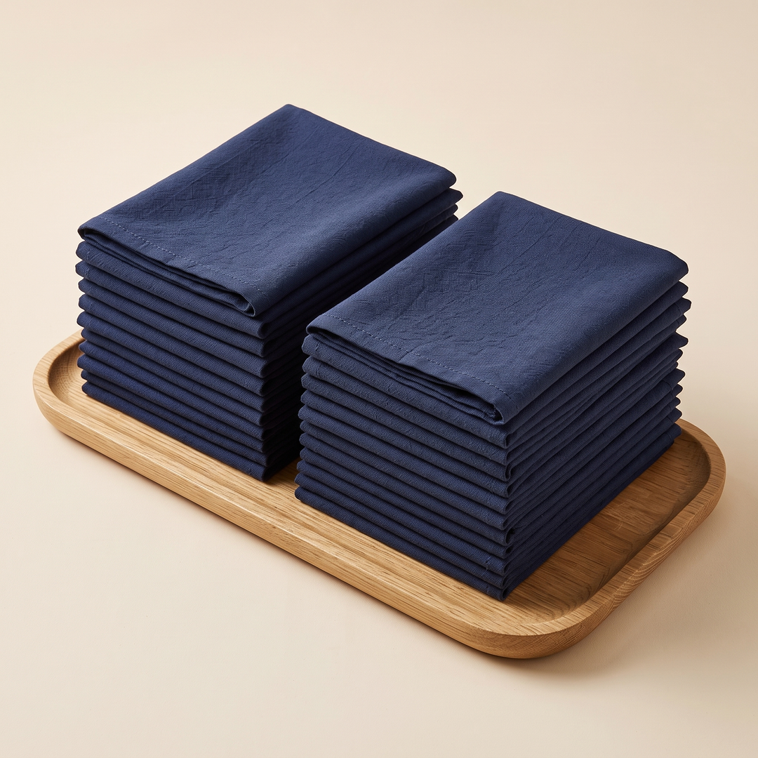Cotton Cloth Napkins – Set of 24 in Navy Blue – stacked side by side on a rounded wooden tray