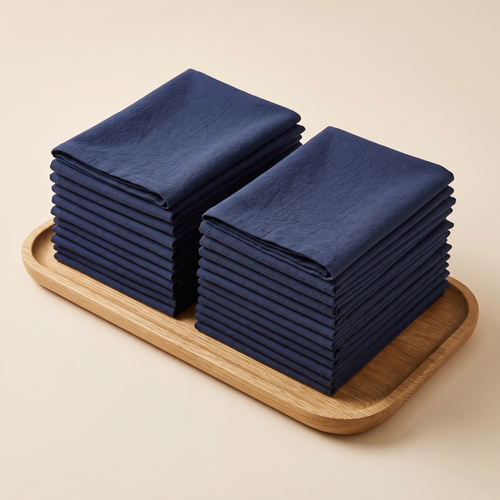 Cotton Cloth Napkins – Set of 24 in Navy Blue – stacked side by side on a rounded wooden tray