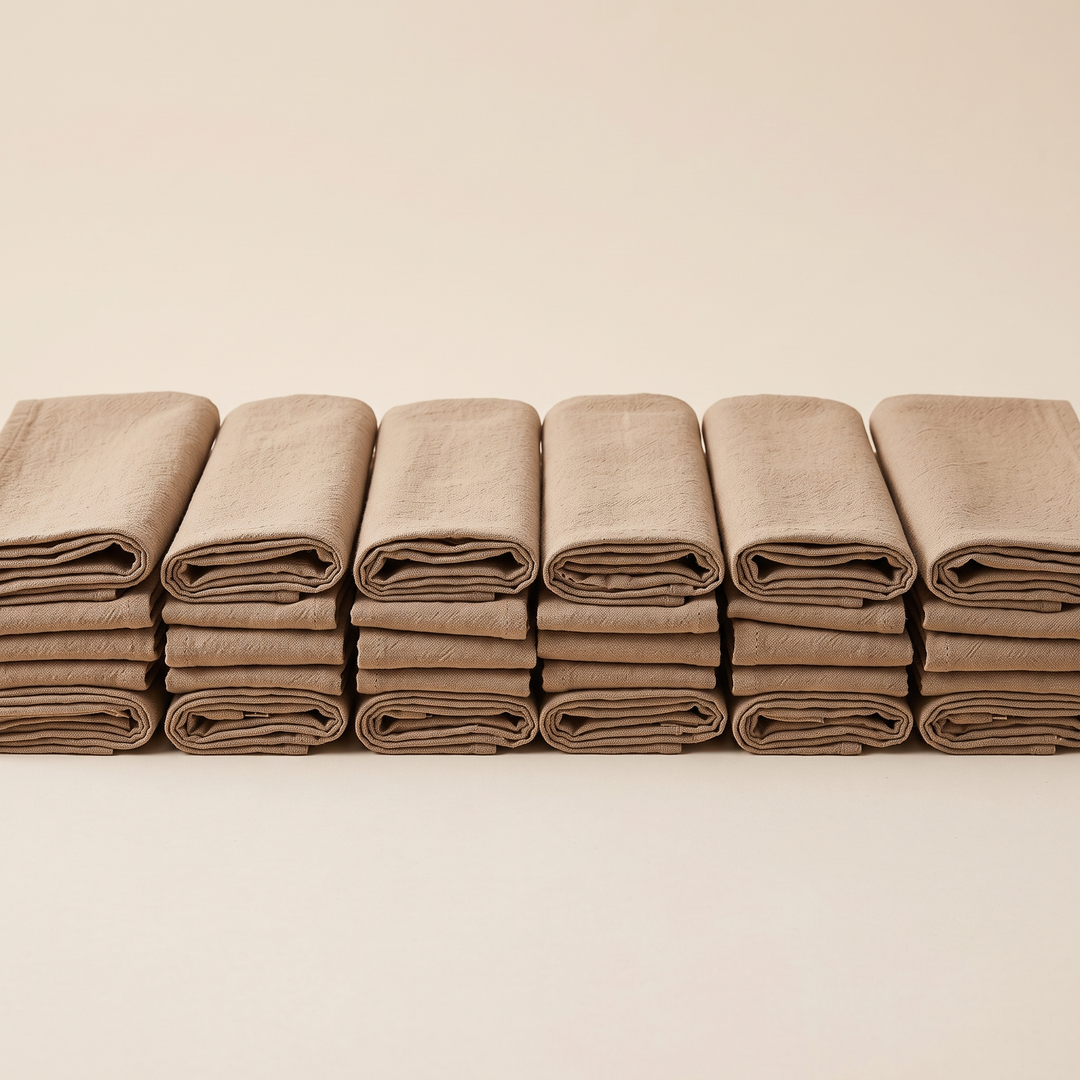 Cotton Cloth Napkins – Set of 24 in Sand – front view of six folded stacks lined up in a row
