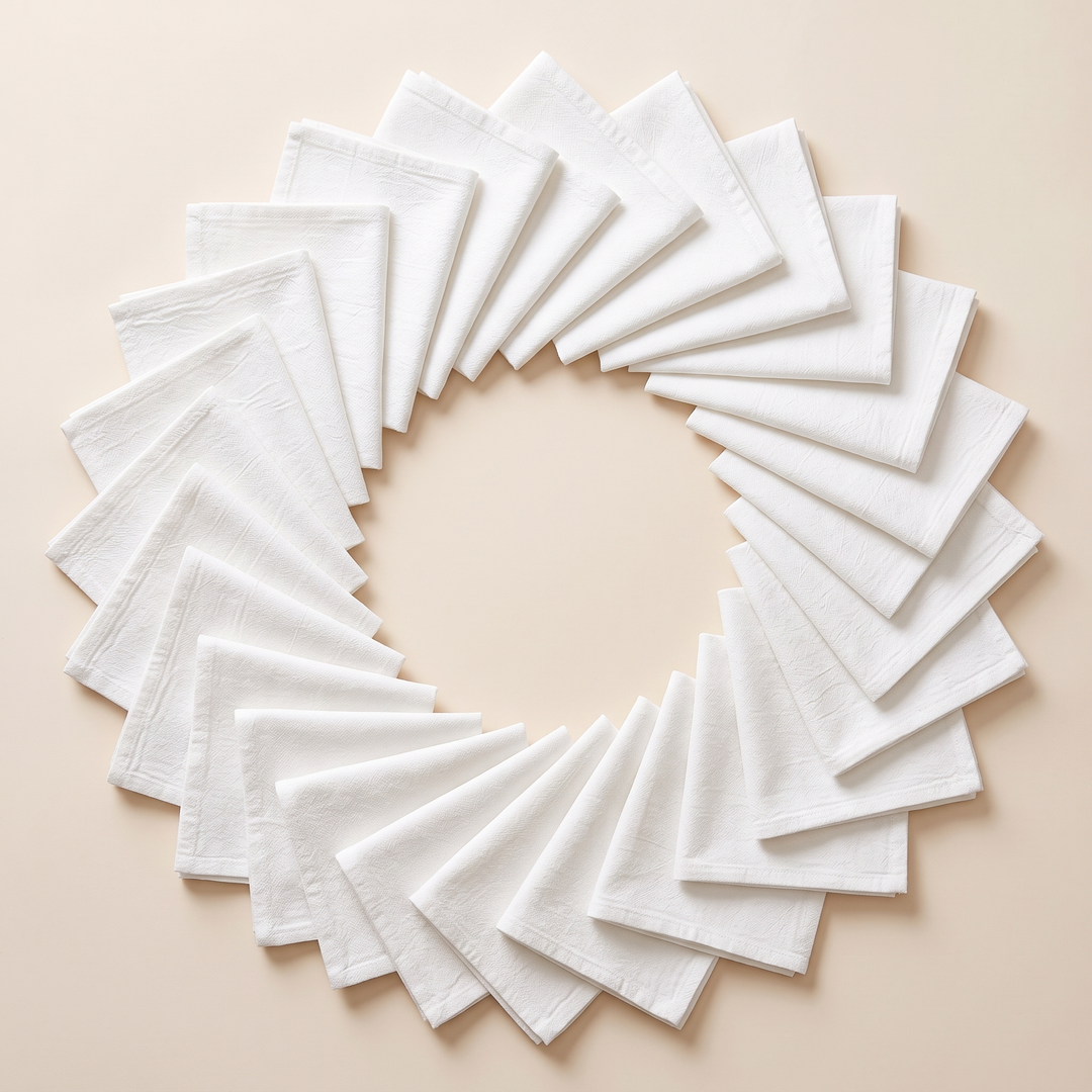 Cotton Cloth Napkins – Set of 24 in White – folded napkins fanned out in a circular wreath on cream