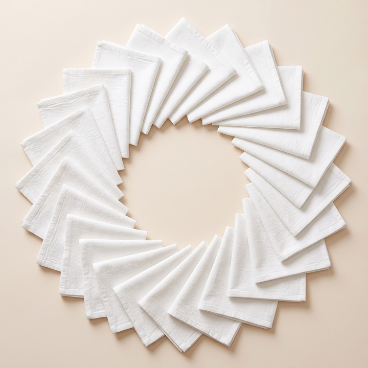 Cotton Cloth Napkins – Set of 24 in White – folded napkins fanned out in a circular wreath on cream