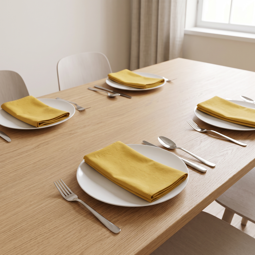 Cotton Cloth Napkins – Set of 24 in Golden Yellow – folded on white plates at place settings on an oak dining table