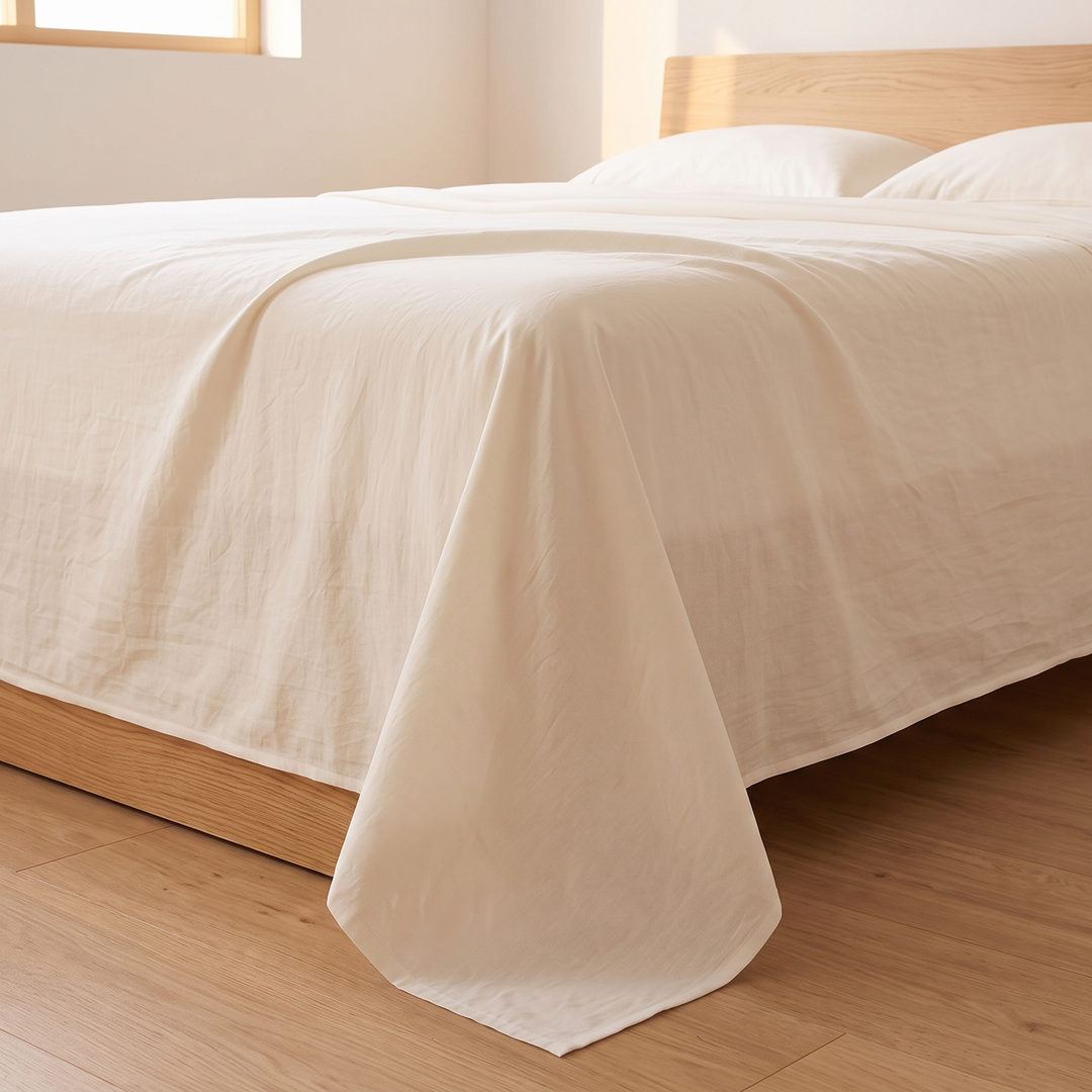 Cotton Flat Sheet Set – Percale, with 2 Pillowcases in White – corner draping over the bed edge onto wood floor