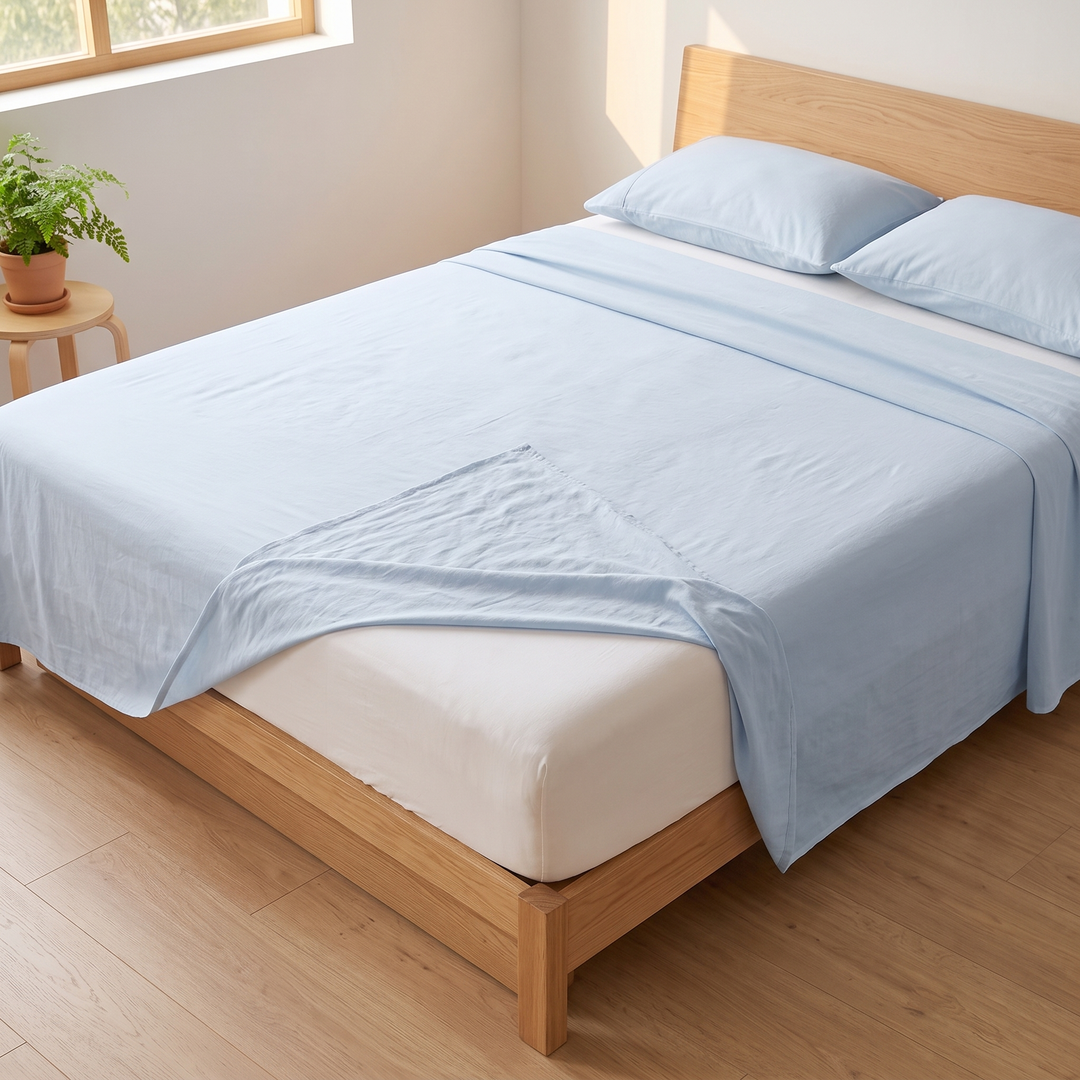Cotton Flat Sheet Set – Percale, with 2 Pillowcases in Light Blue – bed with a potted fern on a small wooden stool