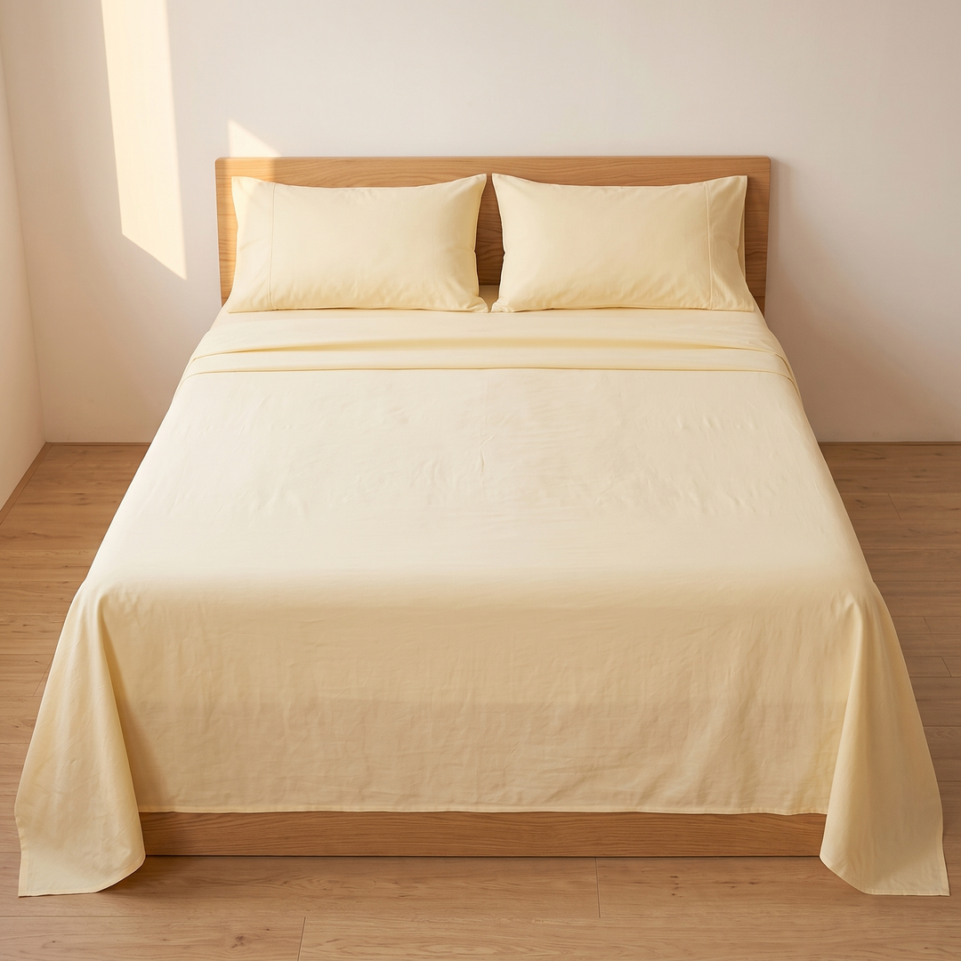 Cotton Flat Sheet Set – Percale, with 2 Pillowcases in Light Yellow – viewed from the foot of the bed, sunbeam on wall behind