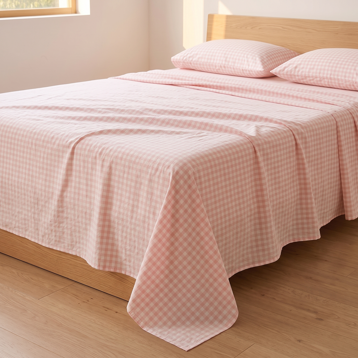 Cotton Flat Sheet Set – Percale, with 2 Pillowcases in Pink Gingham – rumpled sheet hanging over the side of a low platform bed