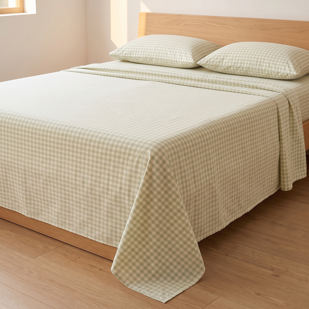 Cotton Flat Sheet Set – Percale, with 2 Pillowcases in Sage Gingham – low side angle along the bed toward the pillows