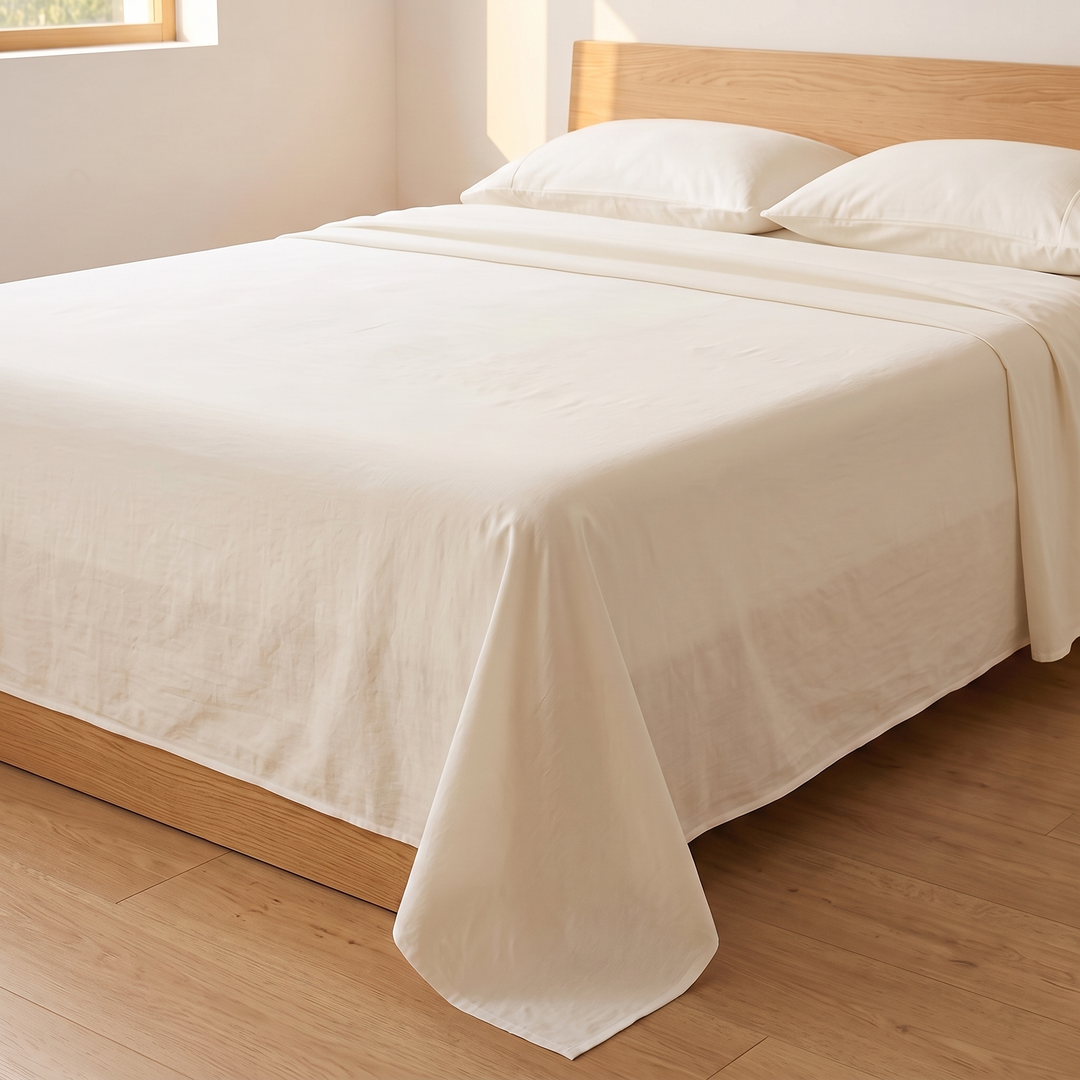 Cotton Flat Sheet Set – Percale, with 2 Pillowcases in White – spread over a wooden bed with two pillows