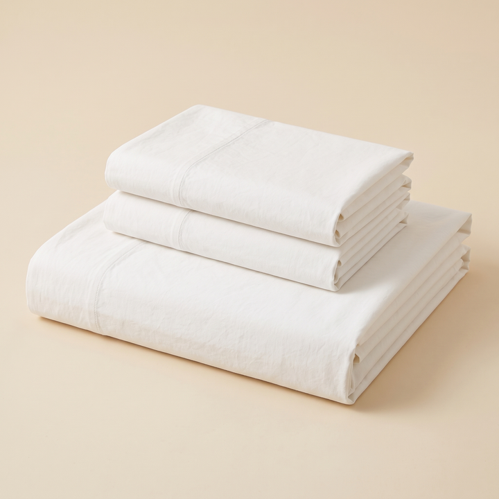 Cotton Flat Sheet Set – Percale, with 2 Pillowcases in White – folded stack with two pillowcases on top, plain beige background